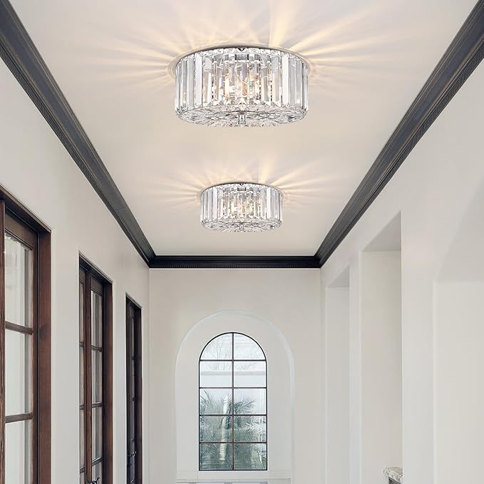 11.8" Crystal Round Flush Mount Modern Close to Ceiling Light Fixture, Chrome Ceiling Lights 2-Light Hallway Light Fixtures, Crystal Ceiling Lamp for Kitchen Bathroom Entryway, XDD007-2-CH