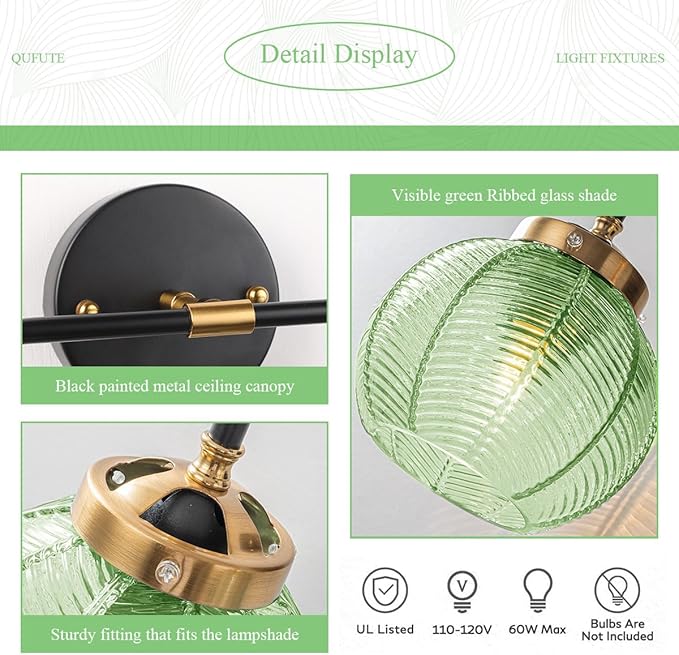 2-Lights Bathroom Wall Light Fixtures Modern Vanity Light with Leaf Texture Glass Globe Shades Emerald Green Mid Century Modern Wall Lamp Sconce for Over Mirror Living Room Cabinet