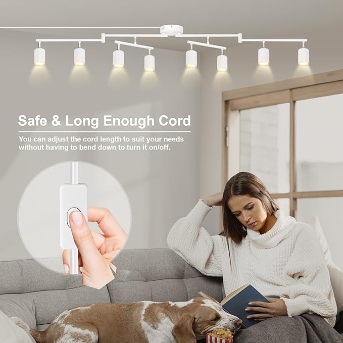 Track Lighting Plug in, LED Track Lighting Fixtures Ceiling Kit, White 8-Light Ceiling Light Plug-in, Wall Light with 15ft Power Cord, Rotatable Kitchen Spotlight for Bedroom(GU10 Socket, NO Bulb)