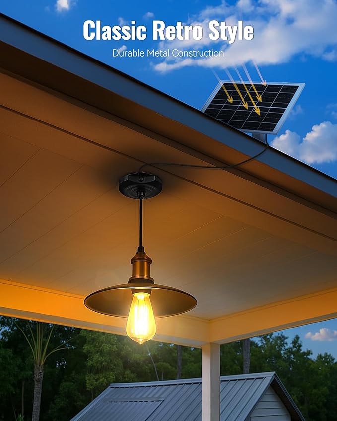 Solar Pendant Light Indoor Outdoor, 1000LM Solar Shed Light IP65 Waterproof Metal Powered Hanging Chandelier, Gazebo Lights with Remote for Barn Gazebo Yard Garage Patio