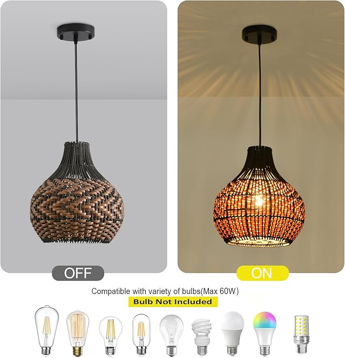 3-Pack Rattan Pendant Light 10.24" Hand-Woven Black Brown Fax Rattan Basket Chandelier Mini Boho Wicker Hanging Lamp for Dining Living Bedroom Kitchen Farmhouse