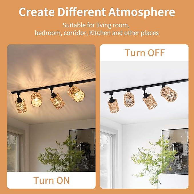 4-Pack H Track Light Heads, Modern Rattan Track Lighting Fixtures for H Type Single Circuit Tracks Rails, Adjustable Track Light Fixtures, E26 Track Light Ceiling Modern for Kitchen, No Bulb