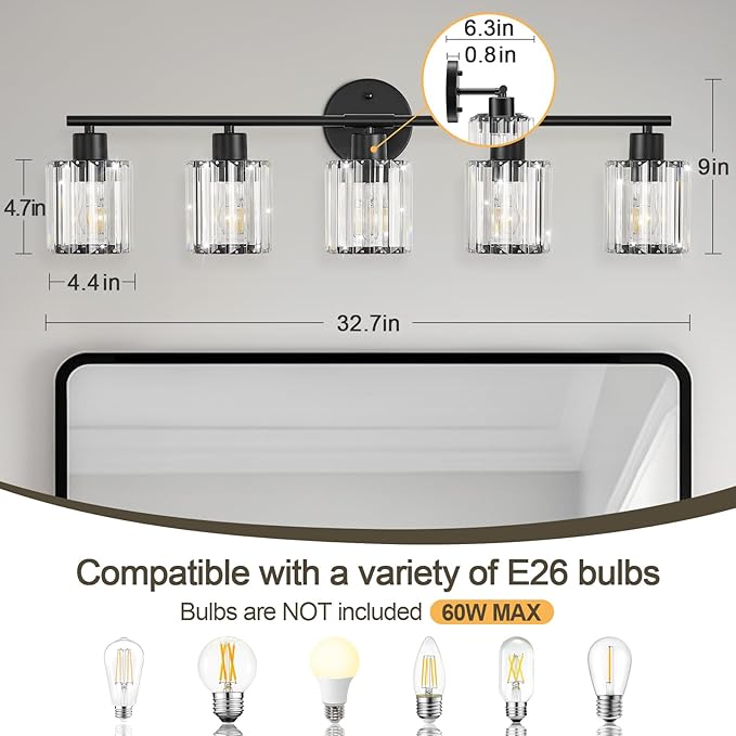 Crystal Bathroom Light Fixtures, Bathroom Lighting Fixtures Over Mirror, Modern Black 5-Light Vanity Lights for Mirror,Restroom, Bedroom (Ceramic E26 Socket,Bulbs Not Include)