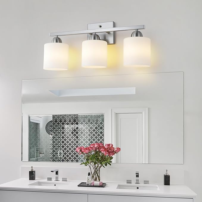 Mecgirn Stainless Steel Milk Glass Vanity Lights for Bathroom, 3 Light Brushed Nickel Bathroom Light Fixtures Over Mirror, Ceramic E26 Sockets Wall Mounted