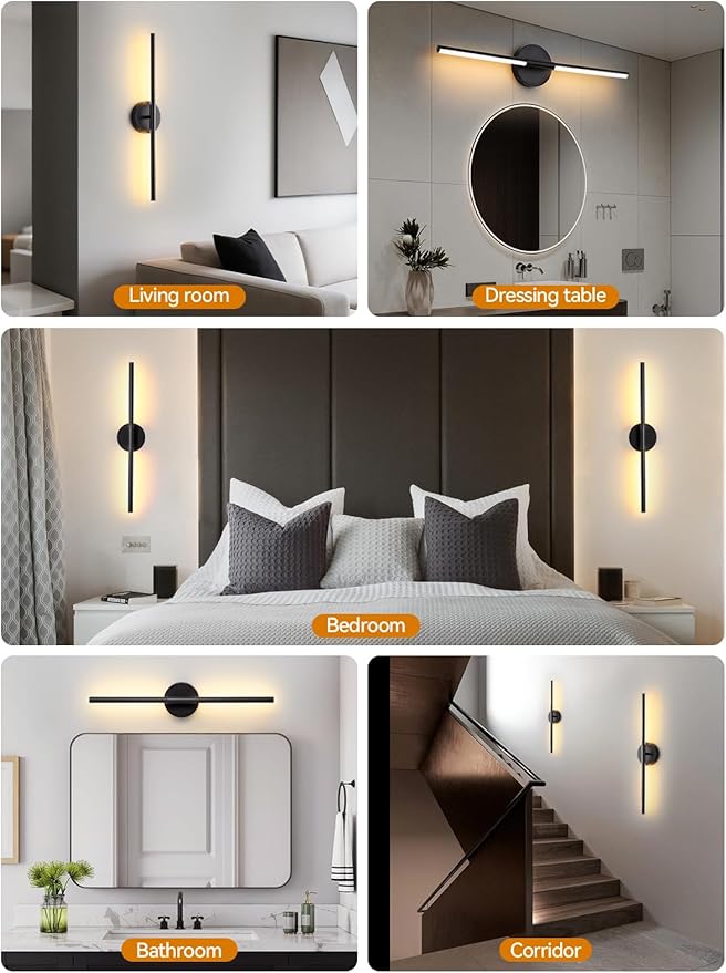 Battery Operated Wall Sconces Set of 2, Modern Wireless Wall Lights with Remote & Touch Control, 24 Inch Black Dimmable Rechargeable LED Sconce with 3 Colors & Timer for Bedroom, Living Room, Hallway