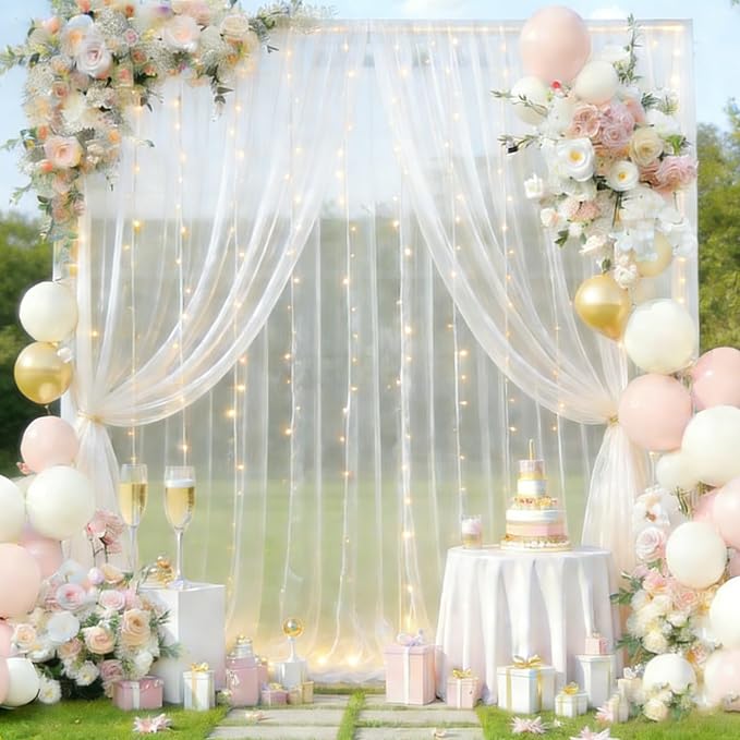 White Tulle Backdrop Curtain with Lights, Elegant Sheer Photo Backdrop Drapes, Soft Fabric Curtain for Weddings Brithday Parties Photography Background Decor, 10ftx8ft