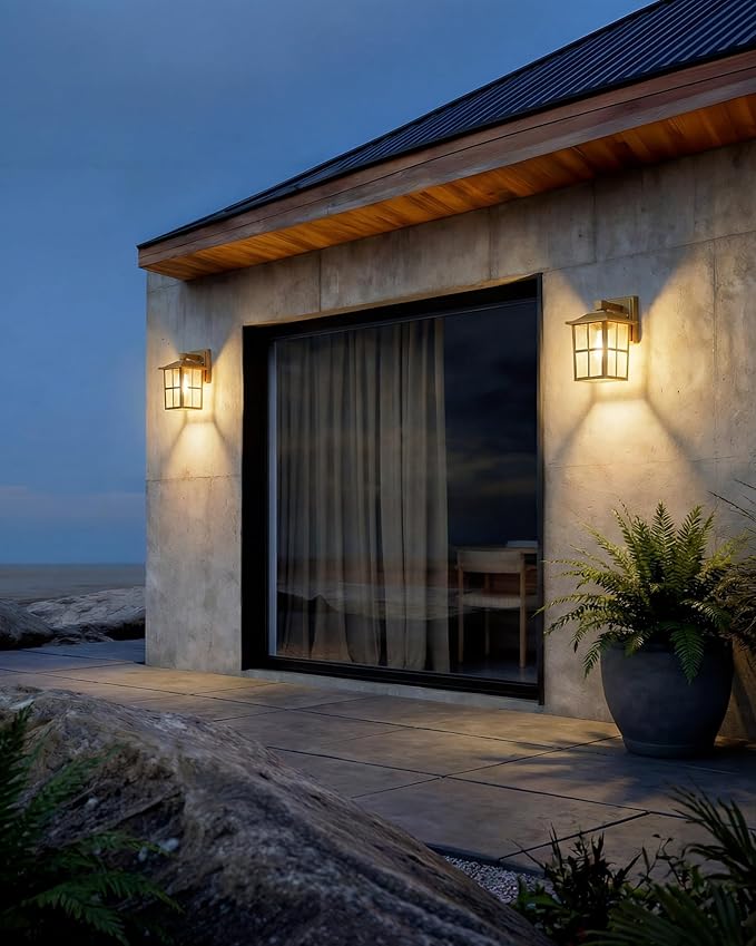 KDG Outdoor Waterproof Patio Wall Light Fixtures Set of 2, Gold E26 Socket Exterior Lanterns with Tempered Glass, Modern Wall Mounted Lamp Suitable for Home, Front Door, Garden, Garage, Porch