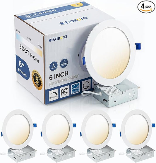 Recessed Lighting 6 Inch 4Packs, 3000/4000/5000K Anti-Glare LED Can Lights, 12W 1080LM High Brightness Dimmable Recessed Lights, Easy-to-Install Wafer Light with Junction Box, ETL & FCC & IC