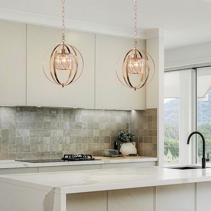 FRIXCHUR Gold Crystal Pendant Light, Adjustable Hanging Light Fixture with Pumpkin-Shaped Crystal Shade, E26 Base Metal Lantern Pendant Ceiling Light for Kitchen Island, Dining Room, Entryway, Foyer