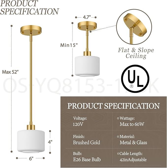 Milk Glass Pendant Lights Kitchen Island, 1-Light Modern Brushed Gold Hanging Light Fixtures with Rods, Mini Kitchen Pendant Lighting Over Island for Sink Bathroom, OS-YQ8153-1PBG