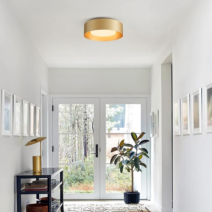 Glass Gold Flush Mount Ceiling Lights, Modern Round Ceiling Lighting, Minimalist Drum Close to Ceiling Light Fixtures for Bedroom, Dining Room, Bathroom, Hallways, Laundry Room