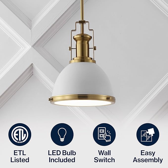 JONATHAN Y 10" Brass Gold/White Modern Industrial Iron LED Dome Pendant Light, Adjustable Hanging Fixture for Kitchen Island or Entryway, Black Metal Shade, LED Bulb Included (JYL9535D)