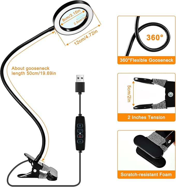 20X/10X Dual-Lens Magnifying Glass with Light and Timer, Combination Lens Magnifier with Light, 3 Color Modes, 2 in 1 Magnifying Desk Lamp for Craft Hobby Painting Sewing Close Work