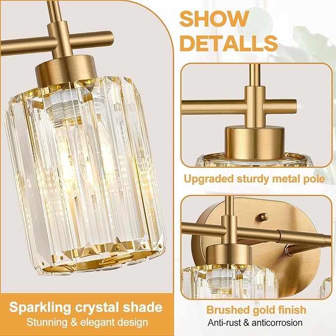 Modern Crystal Bathroom Vanity Light, 4-Light Gold Bathroom Light Fixtures Over Mirror, Crystal Vanity Light with Brushed Gold Finish (Bulbs Not Included)