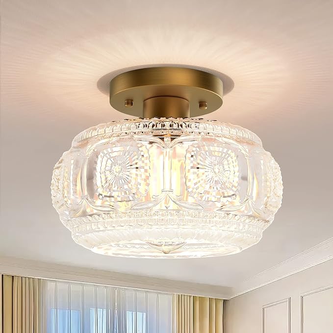 Semi Flush Mount Ceiling Light, Globe Glass Ceiling Light Fixture, Gold Modern Lighting for Hallway Porch Corridor Kitchen Bedroom, Bulb Not Included