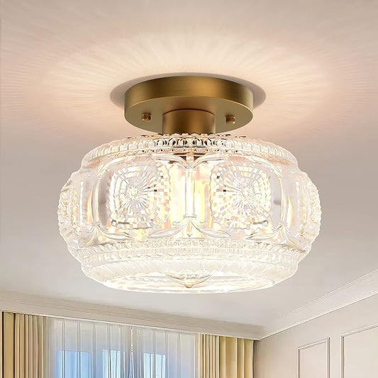 Semi Flush Mount Ceiling Light, Globe Glass Ceiling Light Fixture, Gold Modern Lighting for Hallway Porch Corridor Kitchen Bedroom, Bulb Not Included