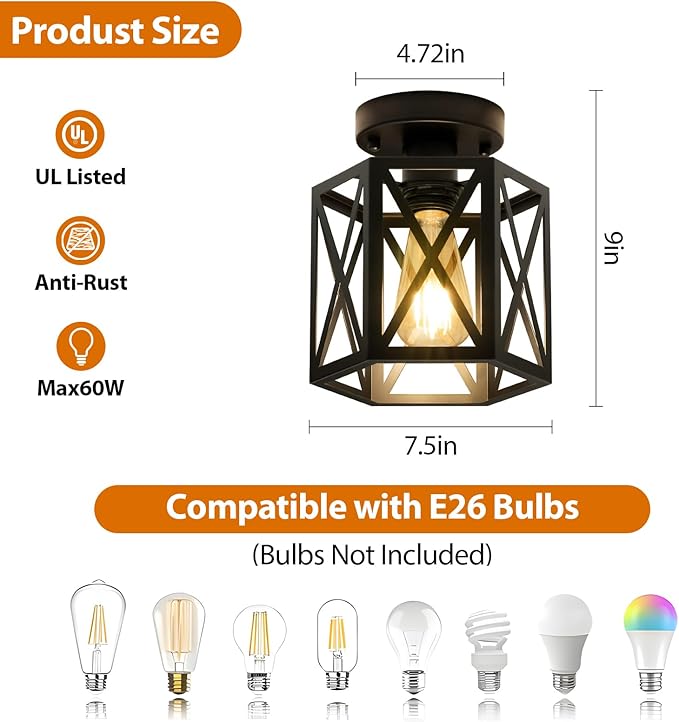 Modern Semi Flush Mount Ceiling Light,1-Light Hexagon Flush Mount Ceiling Lights for Dining Room Light Fixture,Farmhouse Black Metal Kitchen Island Lighting Fixtures for Hallway,Bathroom
