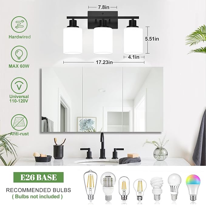 MOKATNG 3-Light Bathroom Light Fixtures, Vanity Light with Milky White Shades, Matte Black Bathroom Light Fixtures Over Mirror, Modern Bathroom Wall Lamp for Mirror Living Room Cabinet Bedroom