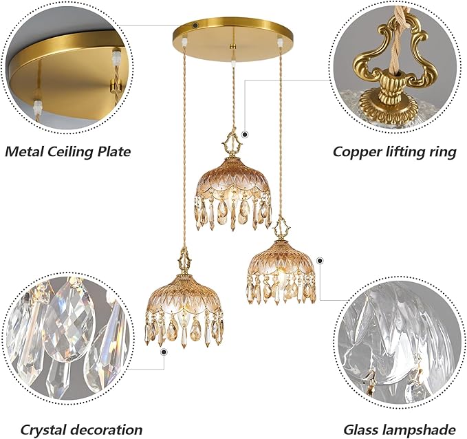 3-Light Glass Pendant Light Crystal Hanging Light Fixtures,Brass Vintage Amber Glass Pendant Lights for Kitchen Island Dining Room Living Room Bedroom Hallway(Amber,Round Chassis)