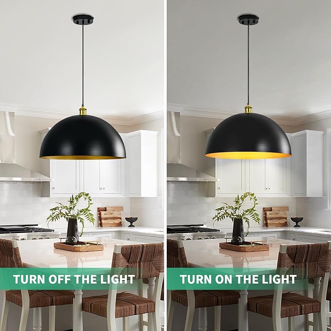 Black-Farmhouse Pendant-Light Hanging-Lamp Fixtures - 20 inch Kitchen Island Pendant Lights Industrial Dome Ceiling Lighting Dining Room Large Vintage Light for Indoor Black and Gold