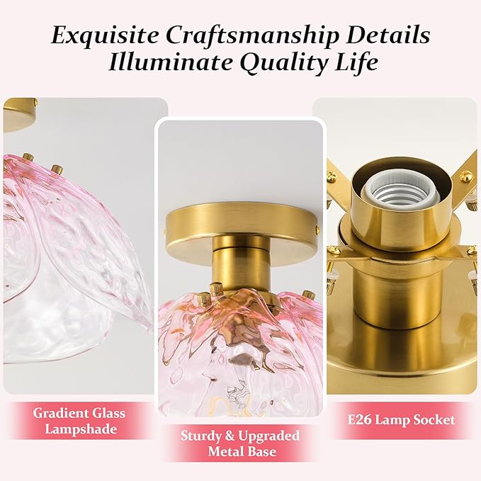 Vintage Semi Flush Mount Ceiling Light,Bronze Ceiling Light Fixtures with Gradient Pink Handmade Leaf Glass for Bedroom,Kitchen,Hallway,Entryway