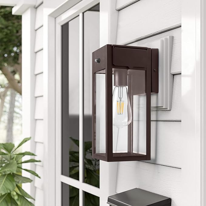 Dusk to Dawn Outdoor Light Fixtures Wall Mount, Outdoor Porch Lights with Outlet, Dusk to Dawn Outdoor Lighting for Doorway, Garage- Bronze