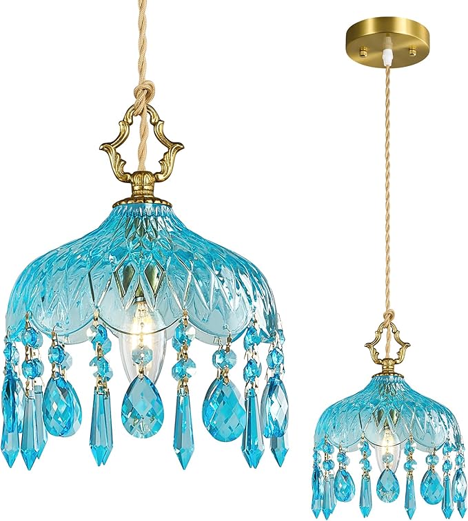 Brass Vintage Pendant Light Blue Crystal Hanging Light Fixtures,Adjustable Height Blue Glass Pendant Lights for Kitchen Island Dining Room Living Room Bedroom Hallway(Blue,1-Pack)