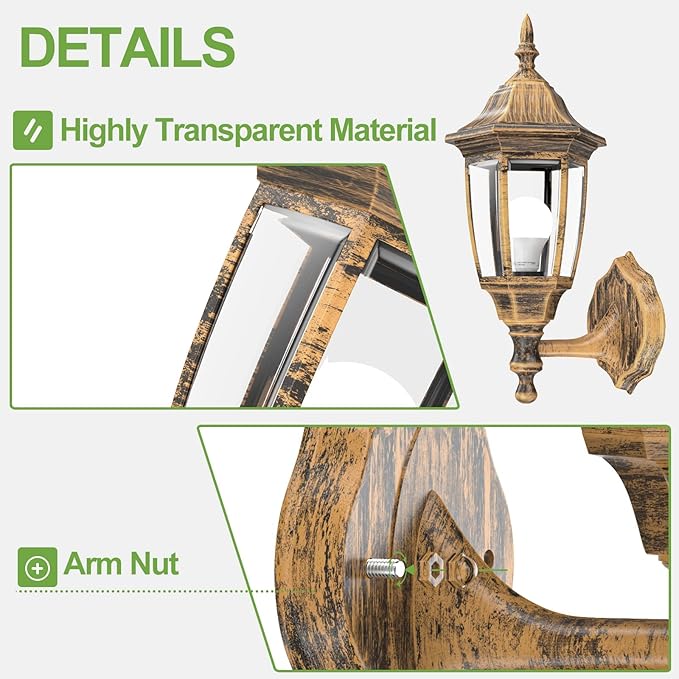 EMART Outdoor Porch Light, Brushed Gold, Anti-Corrosion Plastic Material, Wall Mount Lantern for Backyard, Garage, Front Porch - 2 Pack