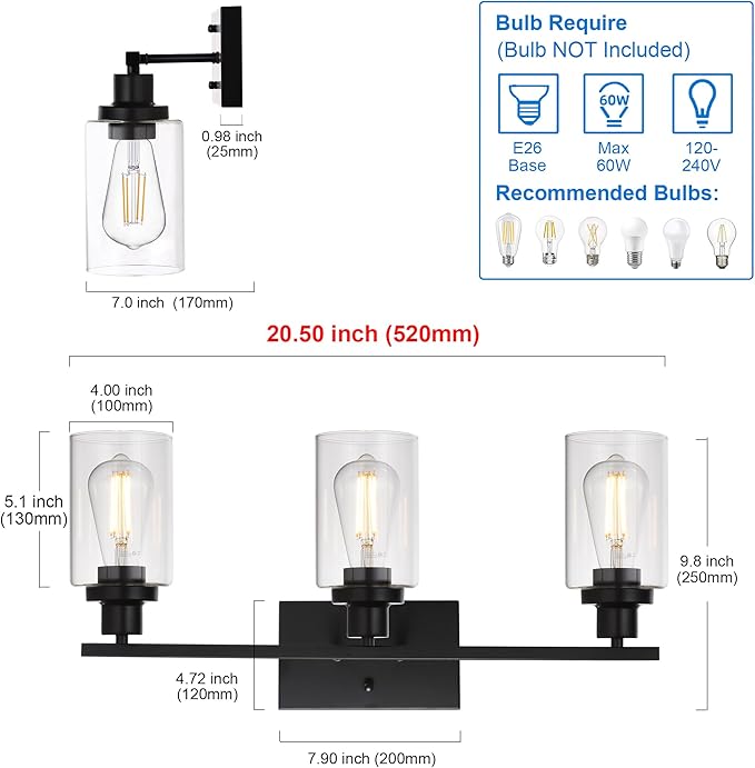 MELUCEE Bathroom Vanity Light Fixtures 3 Lights Wall Sconce Black with Clear Glass Shade for Bedroom Living Room Hallway Kitchen (Patent No.: US D963914 S)