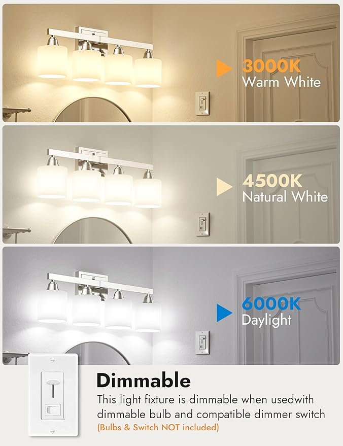 VOLISUN Brushed Nickel Bathroom Light Fixtures, 4-Light Bathroom Vanity Lights Over Mirror, Modern Vanity Light for Bathrooms, Bathrooms Lights Fixtures Over Mirror with Milky White Glass Shades