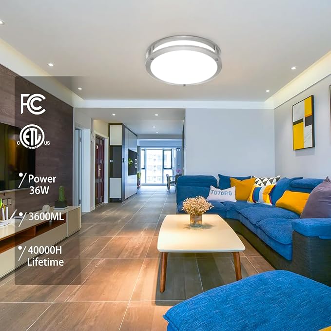 2 Pack 36W Ceiling Light Fixture Brushed Nickel, 13in LED Ceiling Light, Flush Mount Light Fixture No Flicker, 5000K Ceiling Lights for Bedroom Bathroom Stairwell Kitchen Super Bright 3600 LM