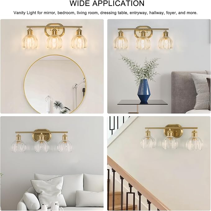 3-Light Bathroom Light Fixtures, Gold Vanity Lights for Bathroom with Ribbed Clear Tulip Glass Shade, Brass Vintage Wall Scone Lighting Over Mirror for Farmhouse,Bedroom,Living Room,Hallway