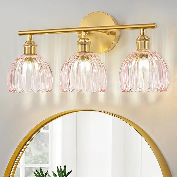 Gold Bathroom Light Fixtures Over Mirror, 3 Light Bathroom Vanity Light Fixture with Tulip Pink Glass Lampshade, Vintage Vanity Lights for Bathroom, Bathroom Vanity Lights Over Mirror
