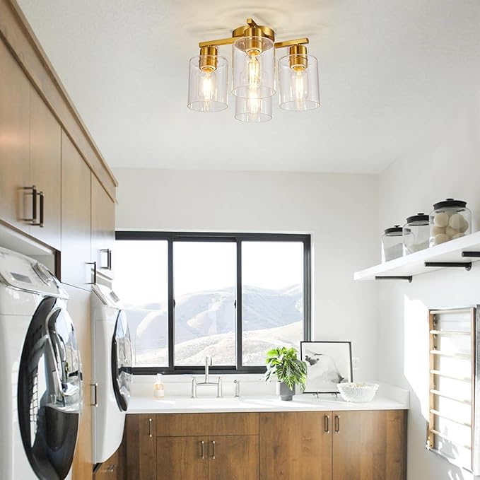 4 Light Semi Flush Mount Ceiling Light Brushed Gold Kitchen Lighting Fixtures Ceiling Brass Hallway Cieling Lights Fixture with Clear Glass Shade for Bedroom Dining Room