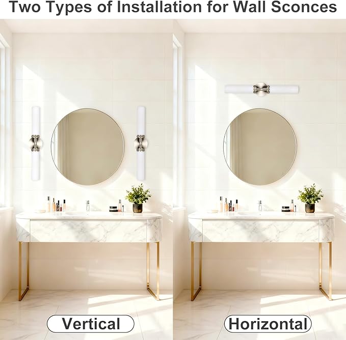 LaLuLa Brushed Nickel Vanity Lights – 2-Light Hardwired Bathroom Light Fixtures with White Glass Shades and Textured Metal Body, Chrome Wall Sconces for Over Mirror or Hallway