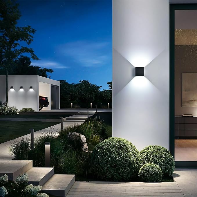 Mille Lucciole 2 Pack LED Outdoor Wall Lights Exterior/Interior, Up and Down Lights IP65 Waterproof Wall Sconces, Square Aluminum Outdoor Wall Lighting Fixtures, Modern Black 12W 6500K Cold Lights