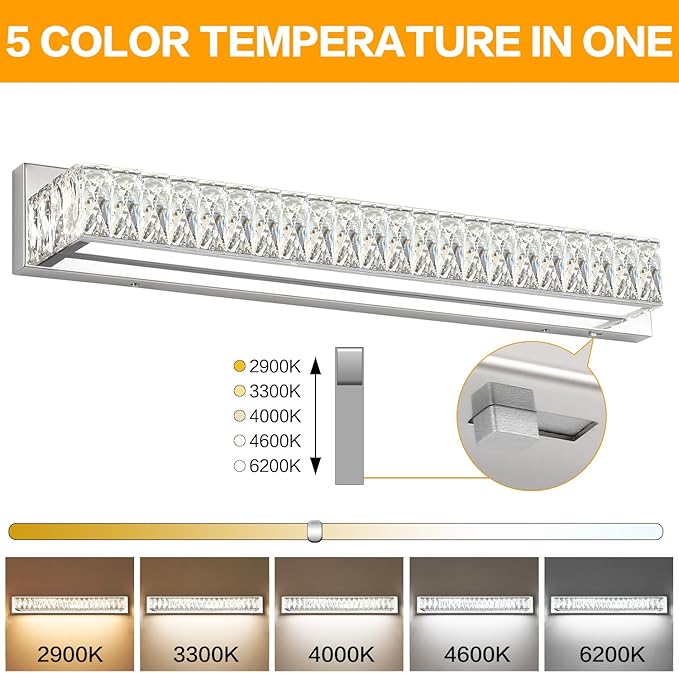 ZUZITO 30in LED Bathroom Lights Over Mirror Modern Crystal Vanity Lights Bar Chrome Wall Lighting for Bath