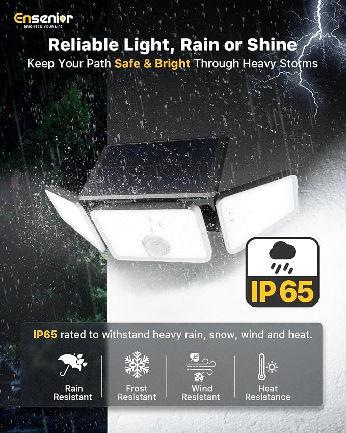 Ensenior Solar Motion Lights Outdoor, 3000LM 220 LED High Brightness Motion Sensor Outdoor Lights, 3 Head 4 Modes 270° Wide Angle Flood Lights IP65 Waterproof, Remote Control Security Lights, 3 Pack