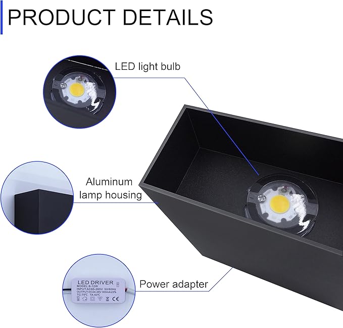 KICAAO LED Wall Sconces Set of Two, 12W Modern Wall Light, Hardwired Aluminum Wall Lamp,Black Up Down Wall Mount Lights for Living Room Hallway Bedroom Decor (Black Warm Light 3000K)