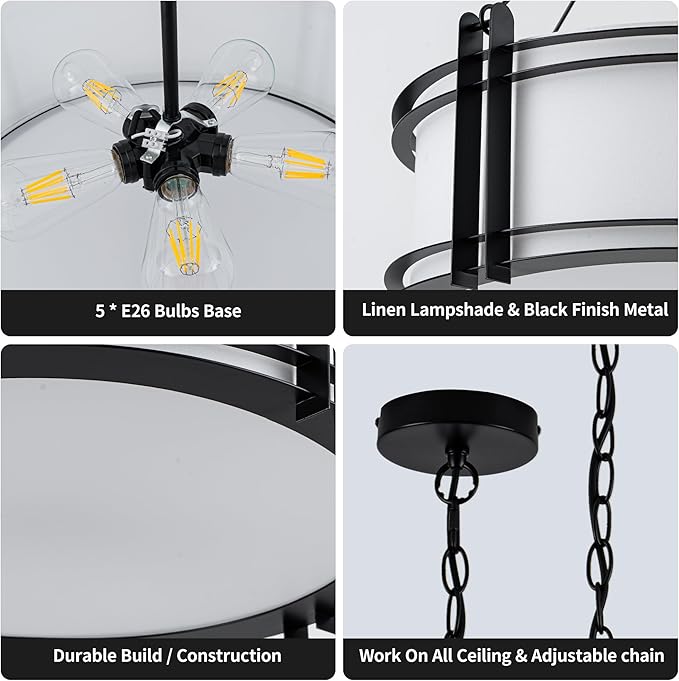 Mayful D20 Modern Farmhouse Chandelier 5-Light Adjustable Pendant Light for Dining Room Light Fixture, Rustic Drum Hanging Chandeliers for Kitchen Island Entryway Foyer Bedroom Living Room,Black