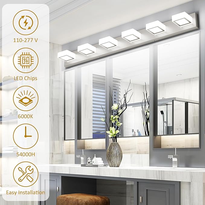 Ralbay Brushed Nickel Bathroom Vanity Lights 48inch Metal Acrylic LED Modern Bathroom Wall Lighting Fixtures Over Mirror Brushed Nickel (White Light 6000K, Non-dimmable)