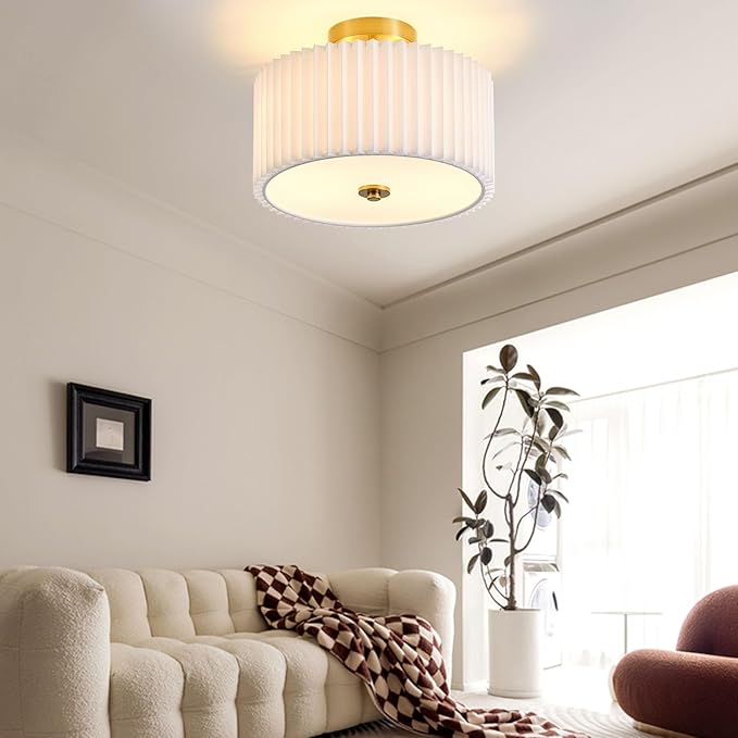 Semi Flush Mount Ceiling Light,12.6"Modern Close to Ceiling Light Fixture With White Fabric Shade,Light Fixtures Ceiling Mount Bedroom Ceiling Light for Bedroom Foyer Kitchen Living Room(Gold)