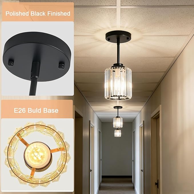 3 Pack Crystal Pendant Lights Kitchen Island, Adjustable Hight Modern Black Mini Chandelier, Ceiling Hanging Light Fixtures, Lamparas Colgantes for Kitchen Hallway Dining Room Bedroom