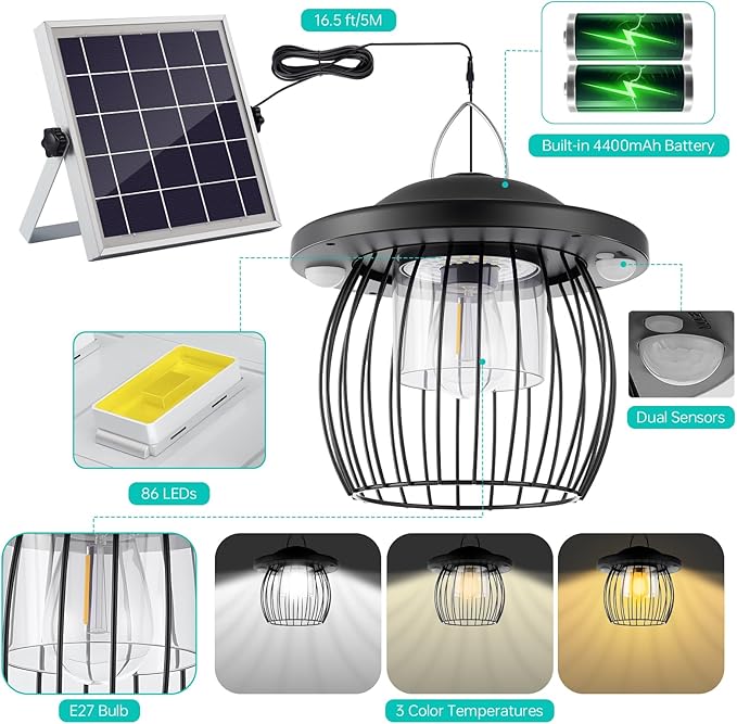 Deogos 3000LM Solar Shed Light Outdoor Indoor,Solar Powered Gazebo Light 4400mAh Battery with Motion Sensor and 3 Color Temperatures Day & Night Use Waterproof with Remote for Shed Gazebo Barn Garage