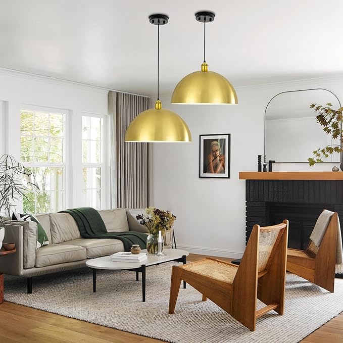 Gold Pendant Light, 16" Farmhouse Ceiling Light with Gold and White, Elegant Semi-Circular Shade Design, Adjustable Height Industrial Dome Pendant Lights for Kitchen Island, Dining Room