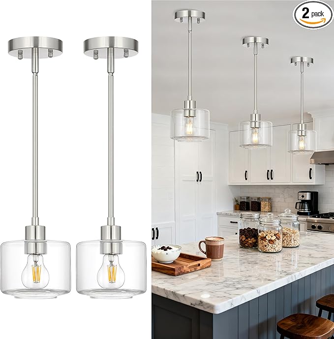 Brushed Nickel Pendant Lights Kitchen Island 2 Pack, Modern Clear Glass Hanging Light Fixtures with Rods, Mini Kitchen Pendant Lighting Over Island for Sink Bathroom, OS-YQ8153-2PBNC