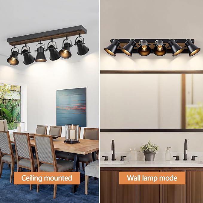 SEEBLEN 6-Light Track Light Fixtures Ceiling/Wall Mount, Adjustable Spotlight, Industrial Black Kitchen Lighting for Living Room, Dining Room, Hallway, Bathroom