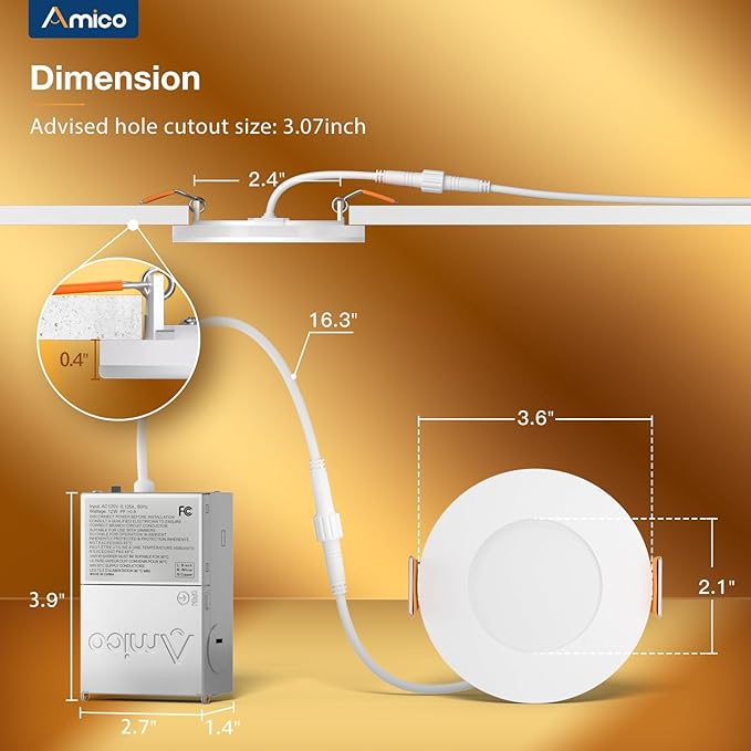 Amico 12 Pack 3 Inch 5CCT LED Recessed Ceiling Light with Night Light, 2700K/3000K/3500K/4000K/5000K Selectable Ultra-Thin Recessed Lighting, 7W=65W, 500LM, Dimmable Canless Wafer Downlight ETL&FCC