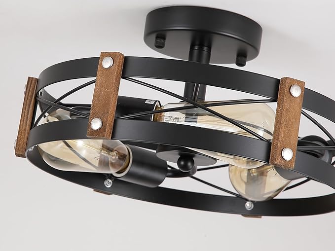 3-Light Rustic Farmhouse Wood Flush Mount Ceiling Light Fixture 13.6 inch Oak Wood and Metal Round Cage Semi Flush Mount Ceiling Light for Hallway Hall Entry Bedroom Kitchen Farmhouse, Black
