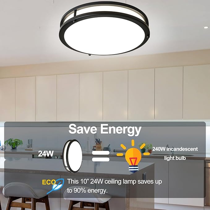 OOWOLF 10 Inch 24W LED Ceiling Lights, 5000K Brightness Adjustable Flush Mount Ceiling Light, Super Bright Matte Black Lighting Lamp Fixture for Bedroom Bathroom Dining, 2-Pack, Daylight White